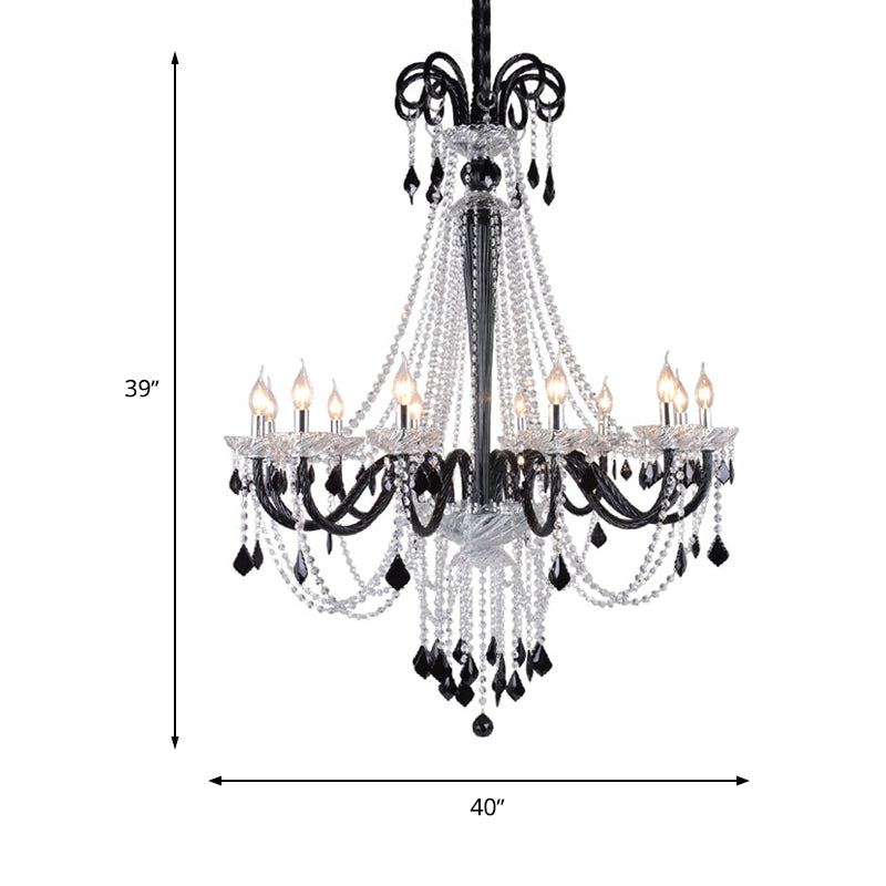 Candlestick Crystal Pendant Chandelier Modernism 10/12 Heads Black Hanging Ceiling Light for Living Room, 33"/40" Wide Clearhalo 'Ceiling Lights' 'Chandeliers' 'Modern Chandeliers' 'Modern' Lighting' 280476