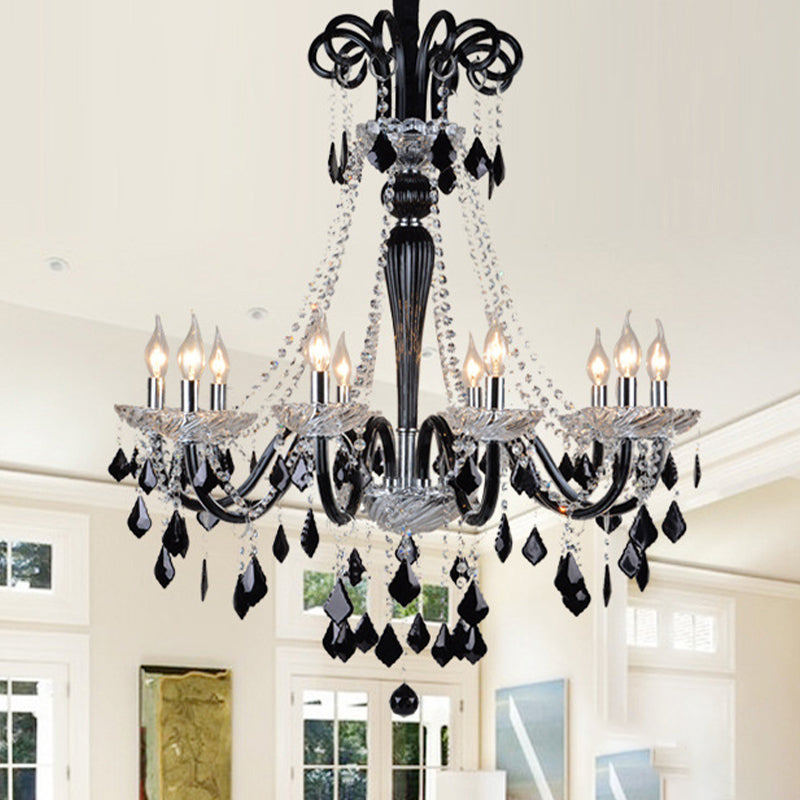 Candlestick Crystal Pendant Chandelier Modernism 10/12 Heads Black Hanging Ceiling Light for Living Room, 33"/40" Wide Black 33" Clearhalo 'Ceiling Lights' 'Chandeliers' 'Modern Chandeliers' 'Modern' Lighting' 280478