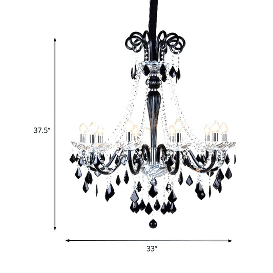 Candlestick Crystal Pendant Chandelier Modernism 10/12 Heads Black Hanging Ceiling Light for Living Room, 33"/40" Wide Clearhalo 'Ceiling Lights' 'Chandeliers' 'Modern Chandeliers' 'Modern' Lighting' 280481