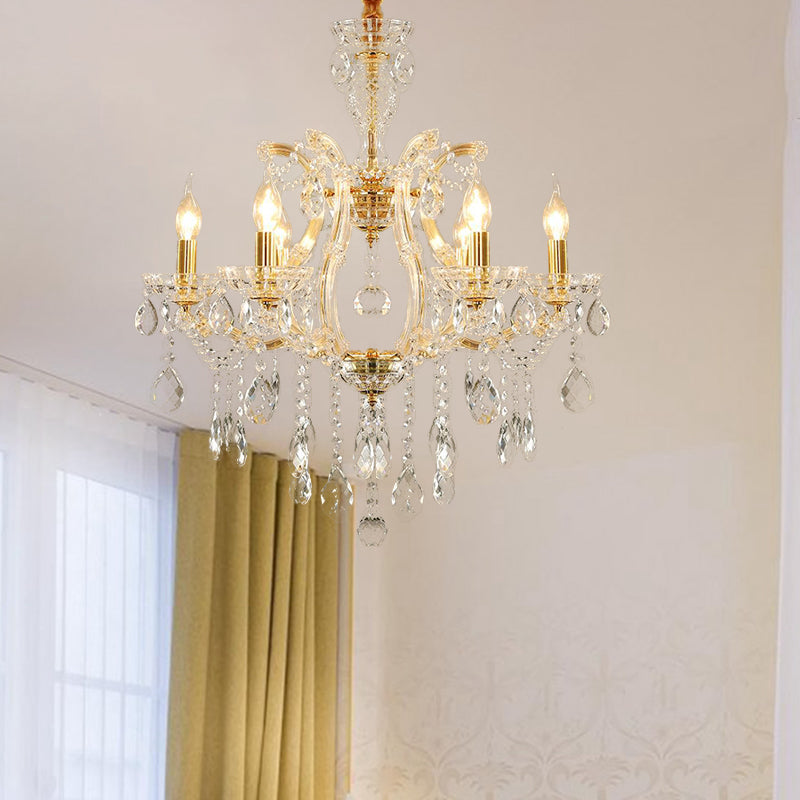 Modernist Candlestick Ceiling Chandelier Clear Crystal Glass 6/8 Bulbs Dining Room Pendant Lamp in Gold 6 Gold Clearhalo 'Ceiling Lights' 'Chandeliers' 'Modern Chandeliers' 'Modern' Lighting' 280513