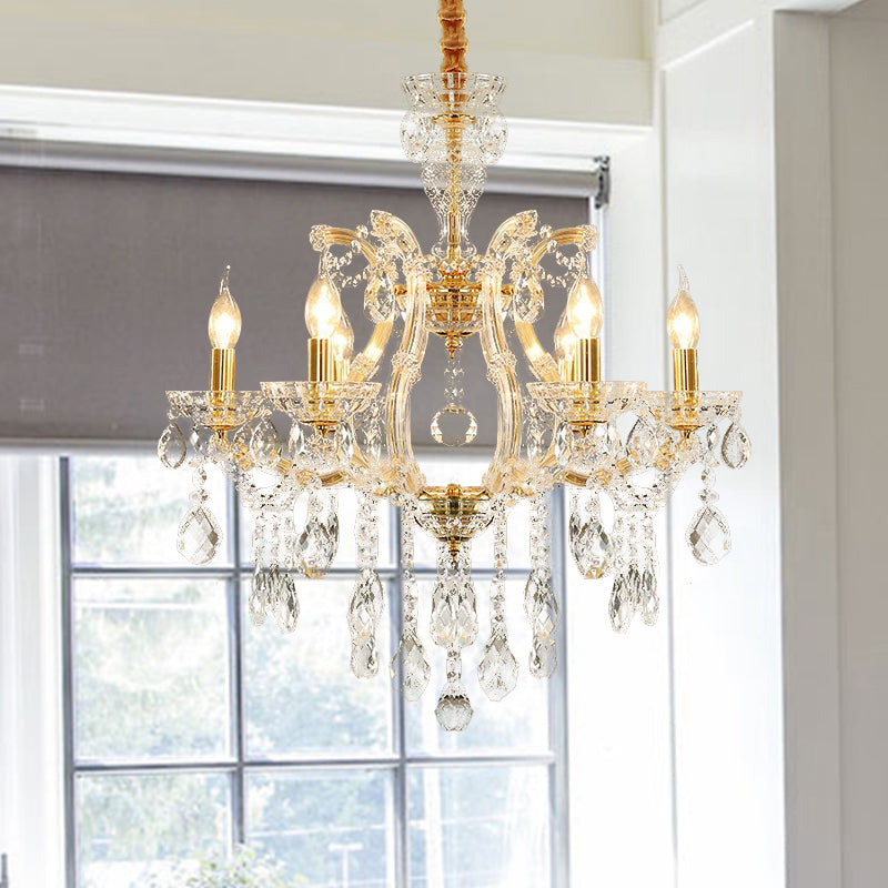 Modernist Candlestick Ceiling Chandelier Clear Crystal Glass 6/8 Bulbs Dining Room Pendant Lamp in Gold Clearhalo 'Ceiling Lights' 'Chandeliers' 'Modern Chandeliers' 'Modern' Lighting' 280514