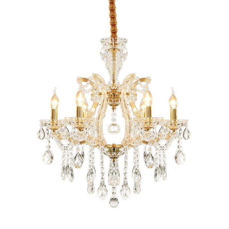 Modernist Candlestick Ceiling Chandelier Clear Crystal Glass 6/8 Bulbs Dining Room Pendant Lamp in Gold Clearhalo 'Ceiling Lights' 'Chandeliers' 'Modern Chandeliers' 'Modern' Lighting' 280516