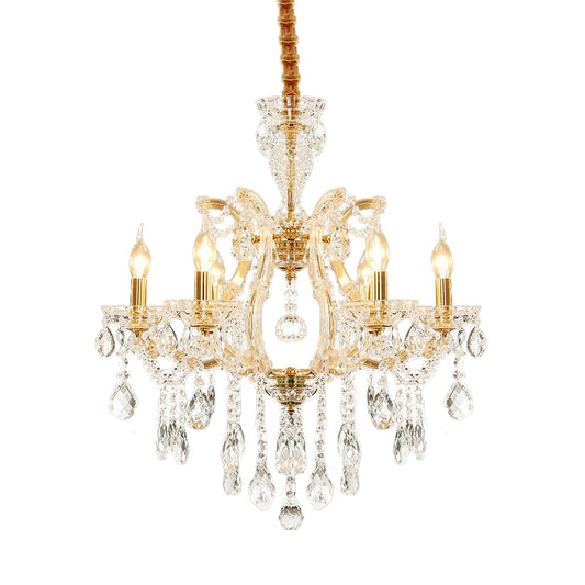 Modernist Candlestick Ceiling Chandelier Clear Crystal Glass 6/8 Bulbs Dining Room Pendant Lamp in Gold Clearhalo 'Ceiling Lights' 'Chandeliers' 'Modern Chandeliers' 'Modern' Lighting' 280516