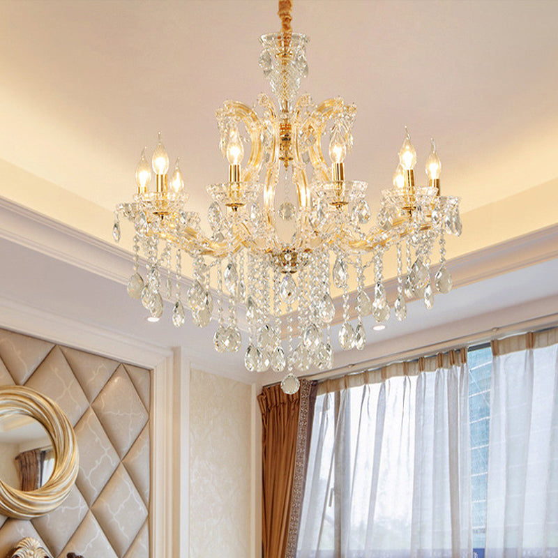 Modernist Candlestick Ceiling Chandelier Clear Crystal Glass 6/8 Bulbs Dining Room Pendant Lamp in Gold Clearhalo 'Ceiling Lights' 'Chandeliers' 'Modern Chandeliers' 'Modern' Lighting' 280521