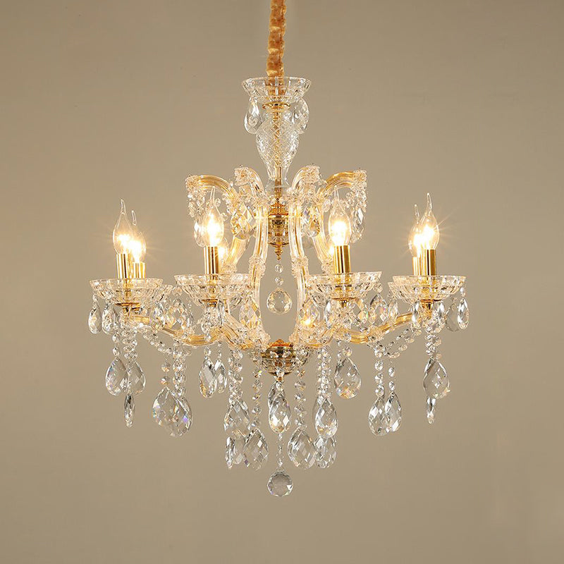 Modernist Candlestick Ceiling Chandelier Clear Crystal Glass 6/8 Bulbs Dining Room Pendant Lamp in Gold Clearhalo 'Ceiling Lights' 'Chandeliers' 'Modern Chandeliers' 'Modern' Lighting' 280523