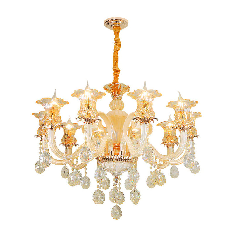 Gold Flower Chandelier Pendant Light Traditional 6/10 Heads Clear K9 Crystal Hanging Lamp for Living Room, 29.5"/35.5" W Clearhalo 'Ceiling Lights' 'Chandeliers' Lighting' options 280561