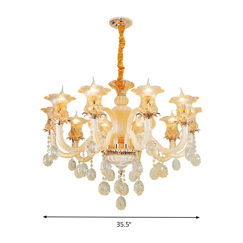 Gold Flower Chandelier Pendant Light Traditional 6/10 Heads Clear K9 Crystal Hanging Lamp for Living Room, 29.5"/35.5" W Clearhalo 'Ceiling Lights' 'Chandeliers' Lighting' options 280562