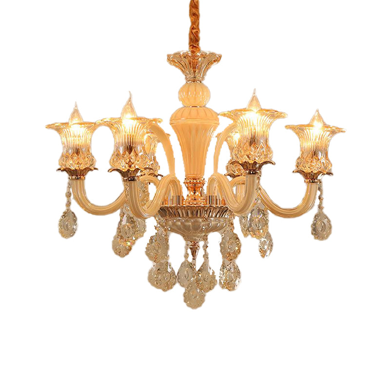 Gold Flower Chandelier Pendant Light Traditional 6/10 Heads Clear K9 Crystal Hanging Lamp for Living Room, 29.5"/35.5" W Clearhalo 'Ceiling Lights' 'Chandeliers' Lighting' options 280566