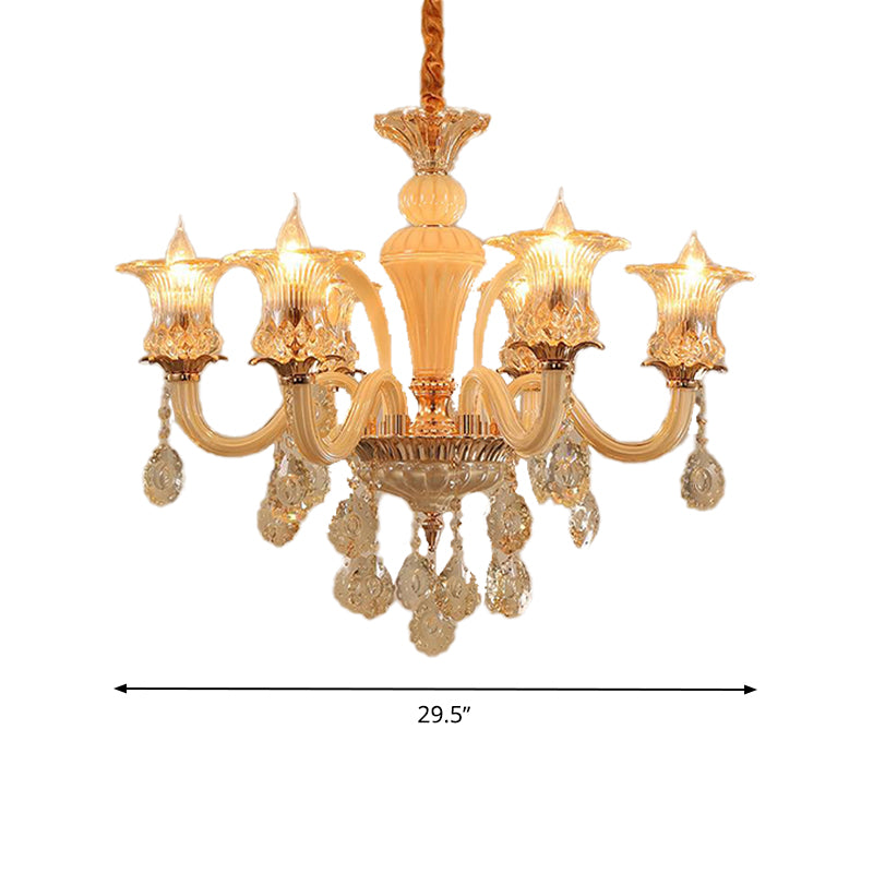 Gold Flower Chandelier Pendant Light Traditional 6/10 Heads Clear K9 Crystal Hanging Lamp for Living Room, 29.5"/35.5" W Clearhalo 'Ceiling Lights' 'Chandeliers' Lighting' options 280567