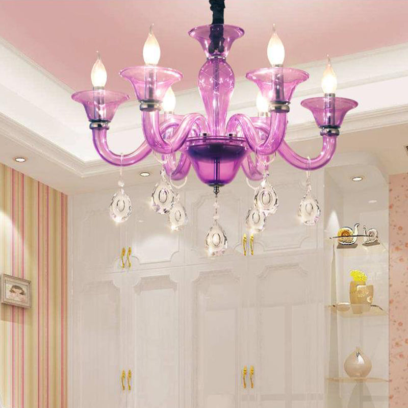 Modern Candlestick Hanging Chandelier Clear Crystal Glass 6 Bulbs Restaurant Pendant Ceiling Light in Purple Purple Clearhalo 'Ceiling Lights' 'Chandeliers' 'Modern Chandeliers' 'Modern' Lighting' 280568