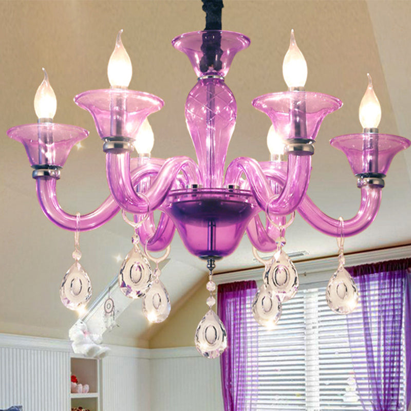 Modern Candlestick Hanging Chandelier Clear Crystal Glass 6 Bulbs Restaurant Pendant Ceiling Light in Purple Clearhalo 'Ceiling Lights' 'Chandeliers' 'Modern Chandeliers' 'Modern' Lighting' 280569