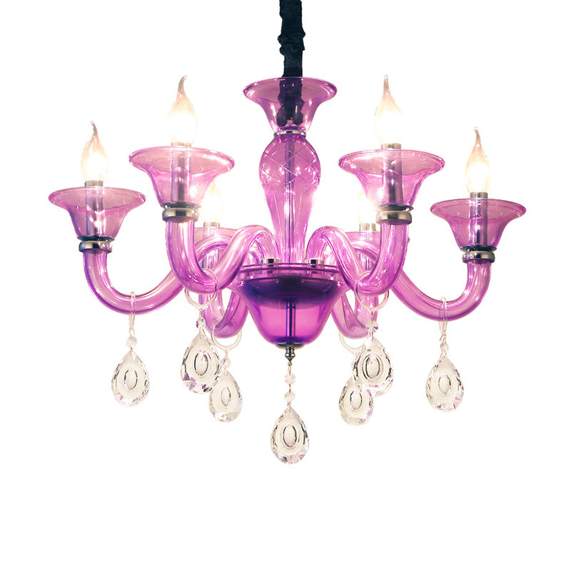 Modern Candlestick Hanging Chandelier Clear Crystal Glass 6 Bulbs Restaurant Pendant Ceiling Light in Purple Clearhalo 'Ceiling Lights' 'Chandeliers' 'Modern Chandeliers' 'Modern' Lighting' 280571