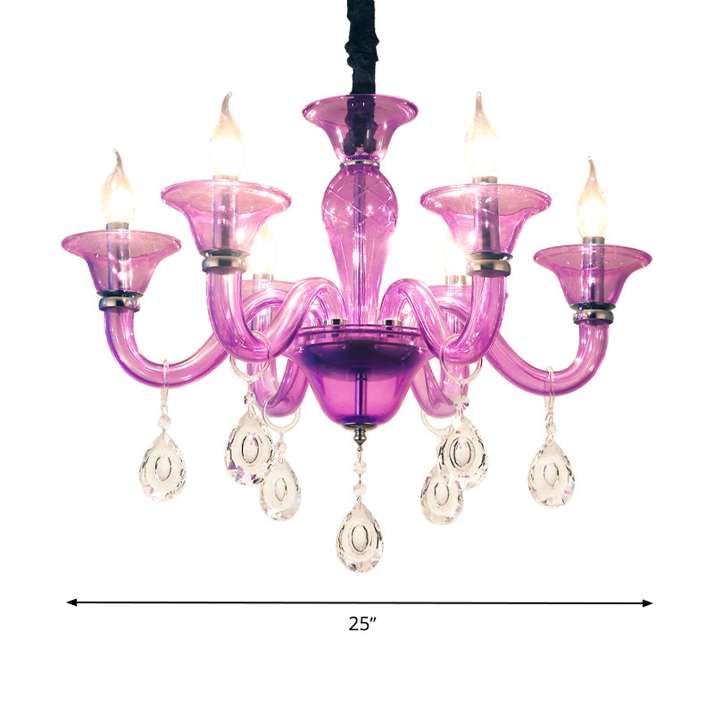 Modern Candlestick Hanging Chandelier Clear Crystal Glass 6 Bulbs Restaurant Pendant Ceiling Light in Purple Clearhalo 'Ceiling Lights' 'Chandeliers' 'Modern Chandeliers' 'Modern' Lighting' 280572