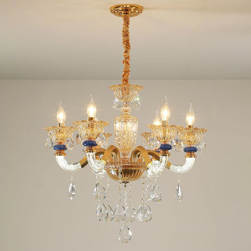 Candelabra Chandelier Light Fixture Traditional Metal 6 Heads Brass Suspension Pendant with Dangling Amber Crystal Accent Clearhalo 'Ceiling Lights' 'Chandeliers' Lighting' options 280574
