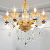 Candelabra Chandelier Light Fixture Traditional Metal 6 Heads Brass Suspension Pendant with Dangling Amber Crystal Accent Clearhalo 'Ceiling Lights' 'Chandeliers' Lighting' options 280575