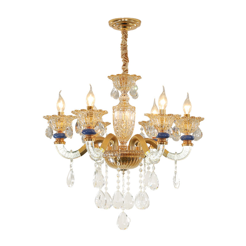 Candelabra Chandelier Light Fixture Traditional Metal 6 Heads Brass Suspension Pendant with Dangling Amber Crystal Accent Clearhalo 'Ceiling Lights' 'Chandeliers' Lighting' options 280577