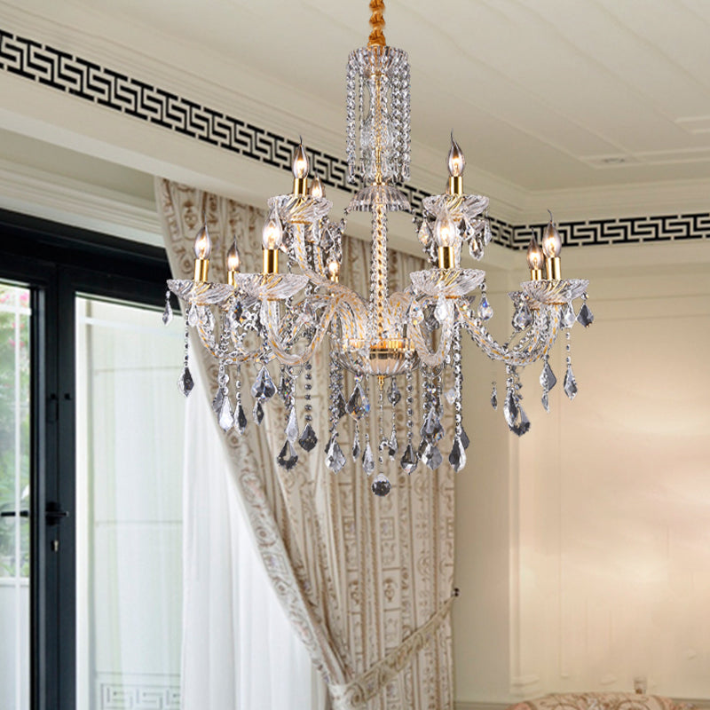 Curved Arm Chandelier Lamp Modern Beveled Crystal 10 Bulbs Living Room Drop Pendant in Brass Brass Clearhalo 'Ceiling Lights' 'Chandeliers' 'Modern Chandeliers' 'Modern' Lighting' 280580