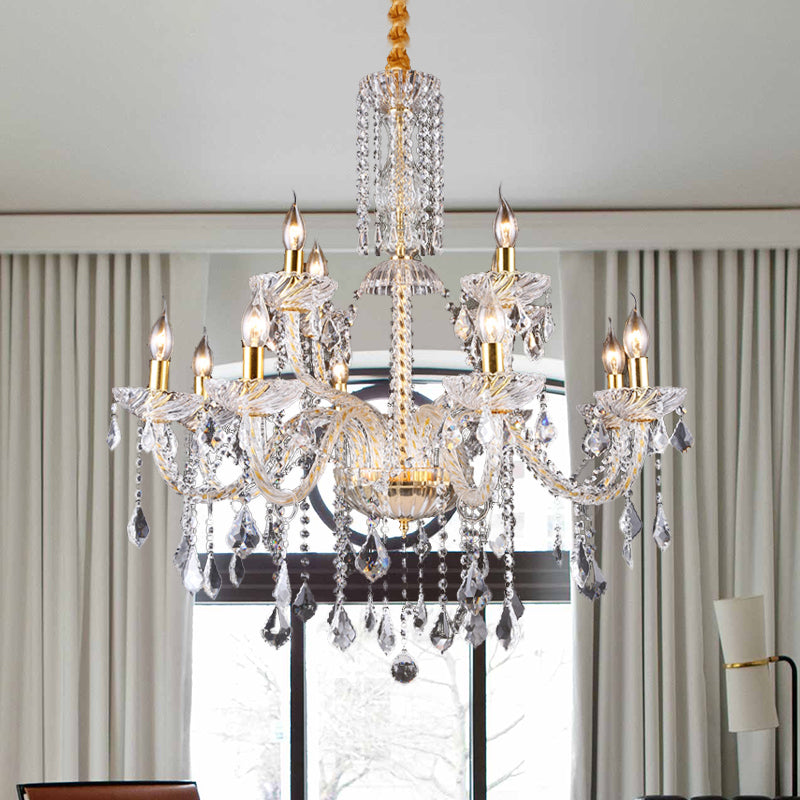 Curved Arm Chandelier Lamp Modern Beveled Crystal 10 Bulbs Living Room Drop Pendant in Brass Clearhalo 'Ceiling Lights' 'Chandeliers' 'Modern Chandeliers' 'Modern' Lighting' 280581