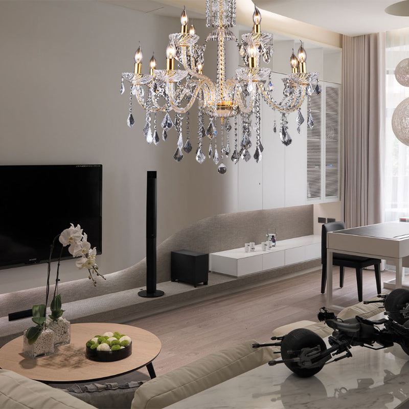 Curved Arm Chandelier Lamp Modern Beveled Crystal 10 Bulbs Living Room Drop Pendant in Brass Clearhalo 'Ceiling Lights' 'Chandeliers' 'Modern Chandeliers' 'Modern' Lighting' 280582