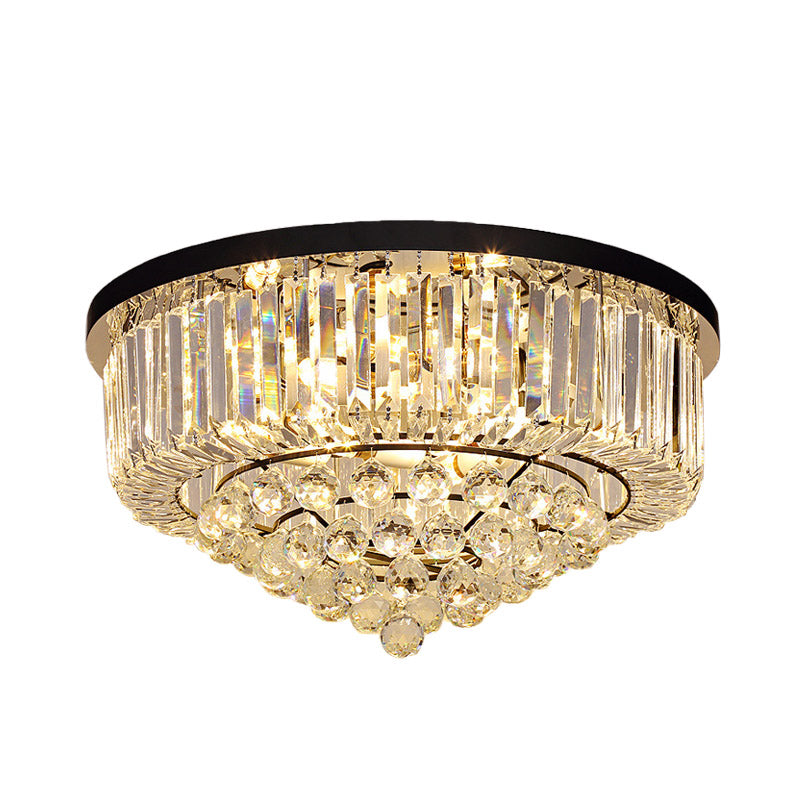 Drum Flush Mount Light Contemporary Tri-Sided Crystal Rod 4/6/9 Heads Black Ceiling Light Fixture, 14"/18"/23.5" Wide Clearhalo 'Ceiling Lights' 'Close To Ceiling Lights' 'Close to ceiling' 'Flush mount' Lighting' 280589