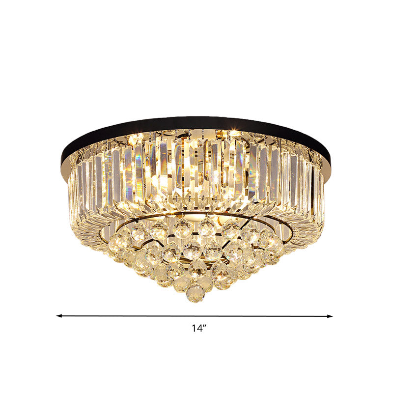Drum Flush Mount Light Contemporary Tri-Sided Crystal Rod 4/6/9 Heads Black Ceiling Light Fixture, 14"/18"/23.5" Wide Clearhalo 'Ceiling Lights' 'Close To Ceiling Lights' 'Close to ceiling' 'Flush mount' Lighting' 280590