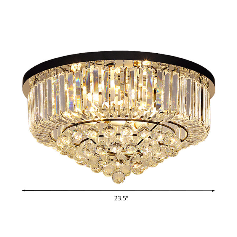 Drum Flush Mount Light Contemporary Tri-Sided Crystal Rod 4/6/9 Heads Black Ceiling Light Fixture, 14"/18"/23.5" Wide Clearhalo 'Ceiling Lights' 'Close To Ceiling Lights' 'Close to ceiling' 'Flush mount' Lighting' 280592