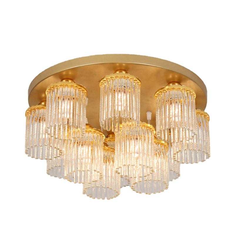 Cylinder Crystal Rod Ceiling Light Fixture Postmodern 5/10/12 Heads Brass Semi Flush Mount Lamp Clearhalo 'Ceiling Lights' 'Close To Ceiling Lights' 'Close to ceiling' 'Semi-flushmount' Lighting' 280617