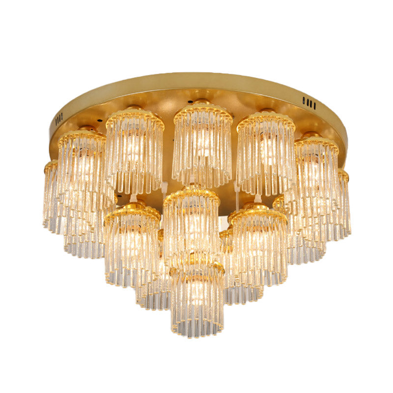 Cylinder Crystal Rod Ceiling Light Fixture Postmodern 5/10/12 Heads Brass Semi Flush Mount Lamp Clearhalo 'Ceiling Lights' 'Close To Ceiling Lights' 'Close to ceiling' 'Semi-flushmount' Lighting' 280621