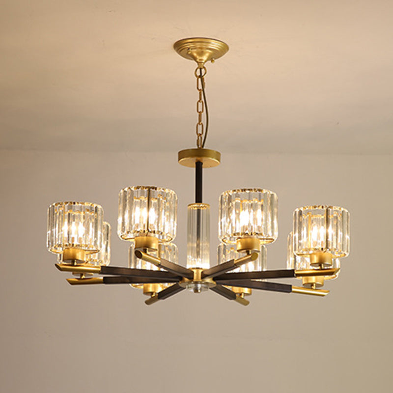 8 Lights Bedroom Chandelier Light Simple Style Black and Gold Hanging Light Kit with Cylinder Crystal Rod Crystal Shade Clearhalo 'Ceiling Lights' 'Chandeliers' 'Modern Chandeliers' 'Modern' Lighting' 280635