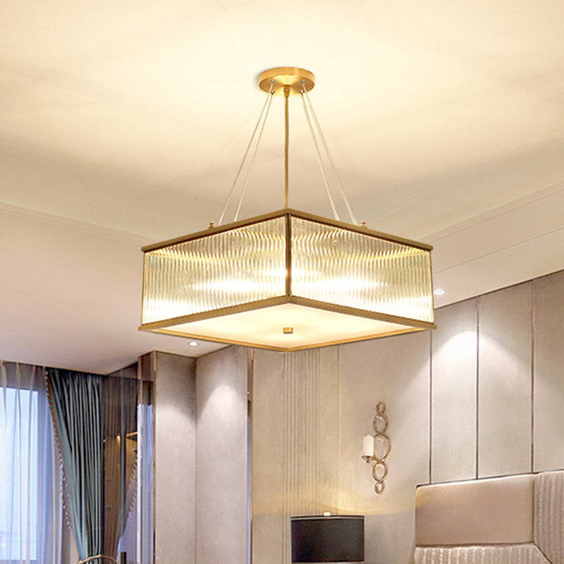 Square Clear Faceted Crystal Suspension Lamp Postmodern 4 Lights Brass Hanging Chandelier Brass Clearhalo 'Ceiling Lights' 'Chandeliers' 'Modern Chandeliers' 'Modern' Lighting' 280640