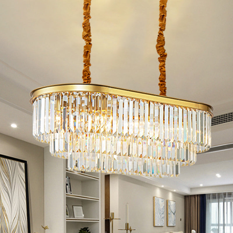 8 Lights Dining Room Hanging Lamp Kit Modern Brass Island Pendant Light with Oval Crystal Rod Shade Clearhalo 'Ceiling Lights' 'Island Lights' Lighting' 280665