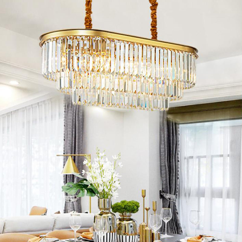 8 Lights Dining Room Hanging Lamp Kit Modern Brass Island Pendant Light with Oval Crystal Rod Shade Clearhalo 'Ceiling Lights' 'Island Lights' Lighting' 280666