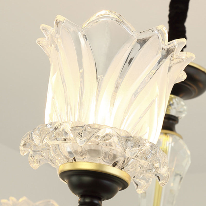 Flower Clear Glass Suspension Pendant Light Contemporary 6/8/10 Heads Black Hanging Chandelier Clearhalo 'Ceiling Lights' 'Chandeliers' 'Modern Chandeliers' 'Modern' Lighting' 280728