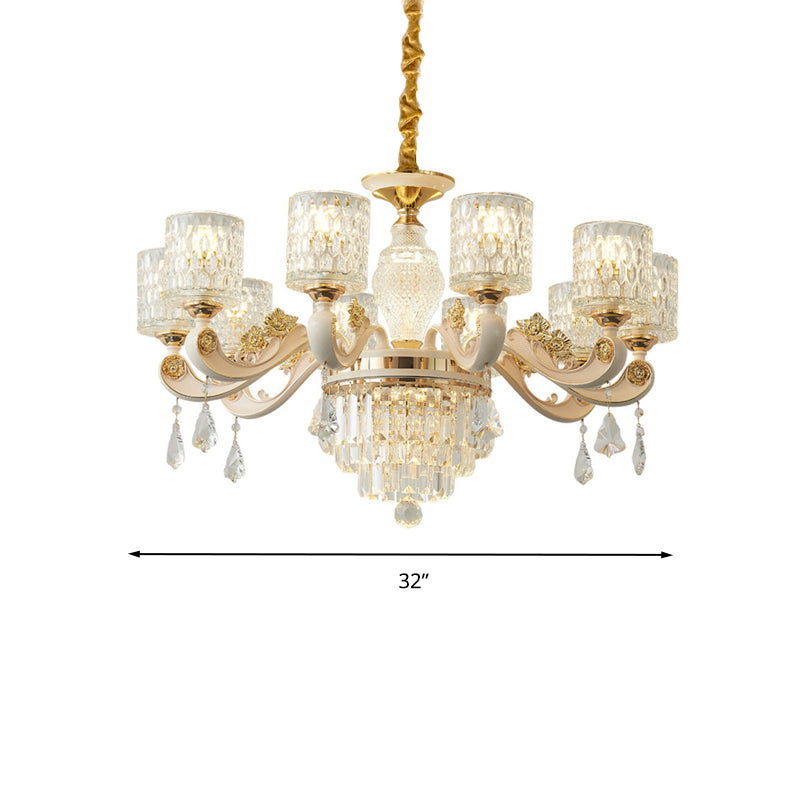 Dimpled Glass Cylinder Pendant Light Kit Postmodern 10 Heads Brushed Brass Ceiling Light Clearhalo 'Ceiling Lights' 'Chandeliers' 'Modern Chandeliers' 'Modern' Lighting' 280765