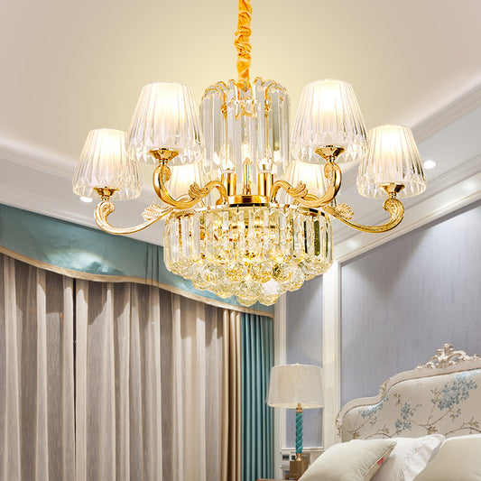 Empire Shape Suspension Light Postmodern Tri-Sided Crystal Rod 6/8/10 Heads Gold Pendant Chandelier 6 Gold Clearhalo 'Ceiling Lights' 'Chandeliers' 'Modern Chandeliers' 'Modern' Lighting' 280800