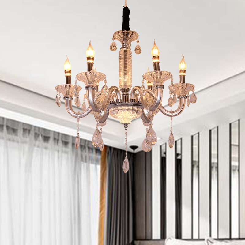 Candelabra Hanging Lamp Contemporary Crystal Drop 6/8 Heads 23.5"/31.5" Wide Silver Pendant Chandelier Silver 23.5" Clearhalo 'Ceiling Lights' 'Chandeliers' 'Modern Chandeliers' 'Modern' Lighting' 280827