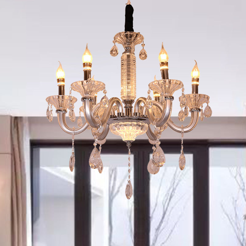 Candelabra Hanging Lamp Contemporary Crystal Drop 6/8 Heads 23.5"/31.5" Wide Silver Pendant Chandelier Clearhalo 'Ceiling Lights' 'Chandeliers' 'Modern Chandeliers' 'Modern' Lighting' 280828