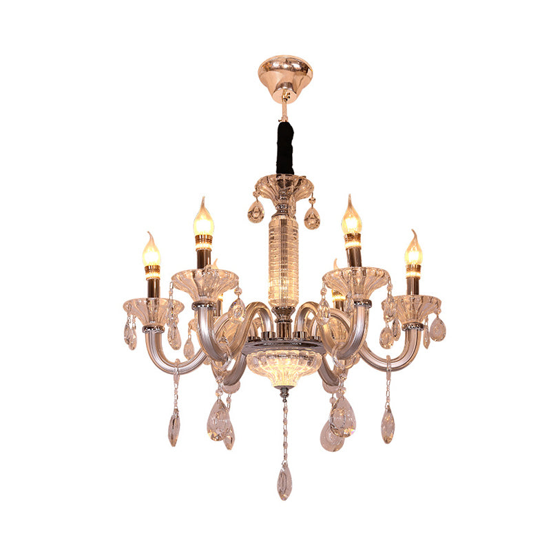 Candelabra Hanging Lamp Contemporary Crystal Drop 6/8 Heads 23.5"/31.5" Wide Silver Pendant Chandelier Clearhalo 'Ceiling Lights' 'Chandeliers' 'Modern Chandeliers' 'Modern' Lighting' 280830