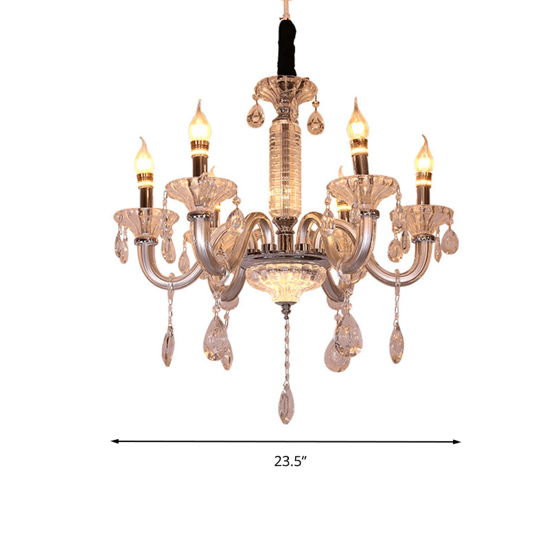 Candelabra Hanging Lamp Contemporary Crystal Drop 6/8 Heads 23.5"/31.5" Wide Silver Pendant Chandelier Clearhalo 'Ceiling Lights' 'Chandeliers' 'Modern Chandeliers' 'Modern' Lighting' 280831