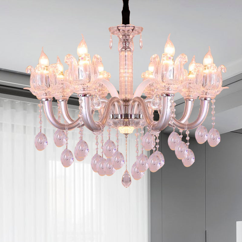 Candelabra Hanging Lamp Contemporary Crystal Drop 6/8 Heads 23.5"/31.5" Wide Silver Pendant Chandelier Silver 31.5" Clearhalo 'Ceiling Lights' 'Chandeliers' 'Modern Chandeliers' 'Modern' Lighting' 280832