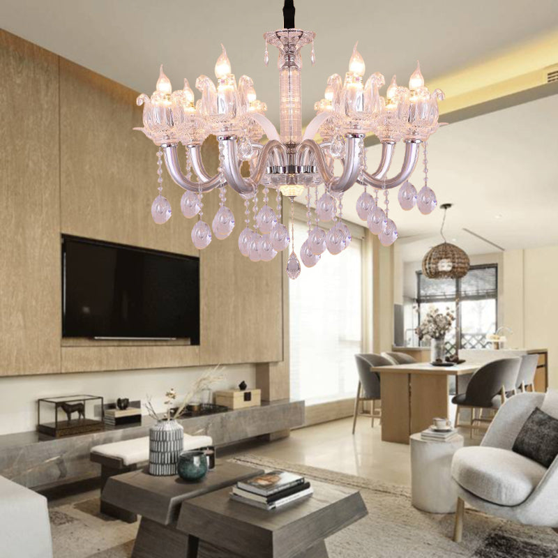 Candelabra Hanging Lamp Contemporary Crystal Drop 6/8 Heads 23.5"/31.5" Wide Silver Pendant Chandelier Clearhalo 'Ceiling Lights' 'Chandeliers' 'Modern Chandeliers' 'Modern' Lighting' 280833