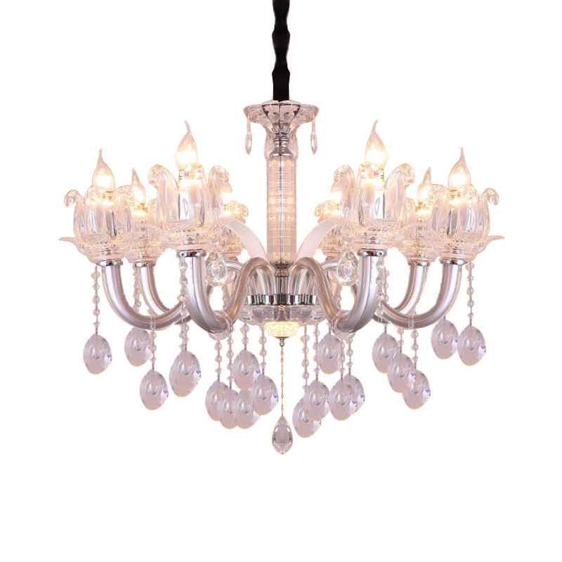 Candelabra Hanging Lamp Contemporary Crystal Drop 6/8 Heads 23.5"/31.5" Wide Silver Pendant Chandelier Clearhalo 'Ceiling Lights' 'Chandeliers' 'Modern Chandeliers' 'Modern' Lighting' 280834