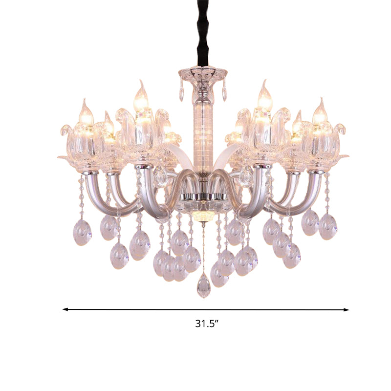 Candelabra Hanging Lamp Contemporary Crystal Drop 6/8 Heads 23.5"/31.5" Wide Silver Pendant Chandelier Clearhalo 'Ceiling Lights' 'Chandeliers' 'Modern Chandeliers' 'Modern' Lighting' 280835