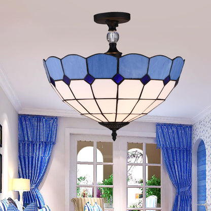 12"/16" Wide Bowl Semi Flush Mount Light Mediterranean Stained Glass Ceiling Light in Blue Blue Clearhalo 'Ceiling Lights' 'Close To Ceiling Lights' 'Close to ceiling' 'Glass shade' 'Glass' 'Semi-flushmount' 'Tiffany close to ceiling' 'Tiffany' Lighting' 28084