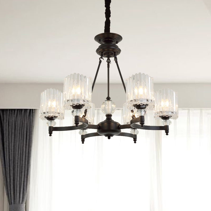 Black Cylinder Suspension Lighting Contemporary 6/8/10 Heads Crystal Rod Hanging Lamp Kit, 28"/34.5"/42.5" Wide Black 28" Clearhalo 'Ceiling Lights' 'Chandeliers' 'Modern Chandeliers' 'Modern' Lighting' 280857