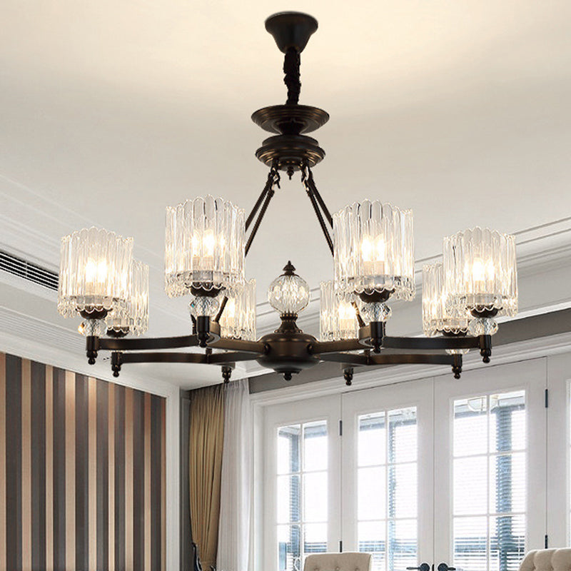 Black Cylinder Suspension Lighting Contemporary 6/8/10 Heads Crystal Rod Hanging Lamp Kit, 28"/34.5"/42.5" Wide Black 34.5" Clearhalo 'Ceiling Lights' 'Chandeliers' 'Modern Chandeliers' 'Modern' Lighting' 280863