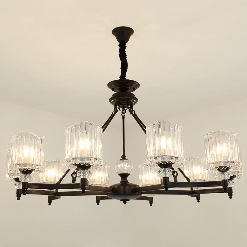 Black Cylinder Suspension Lighting Contemporary 6/8/10 Heads Crystal Rod Hanging Lamp Kit, 28"/34.5"/42.5" Wide Clearhalo 'Ceiling Lights' 'Chandeliers' 'Modern Chandeliers' 'Modern' Lighting' 280868