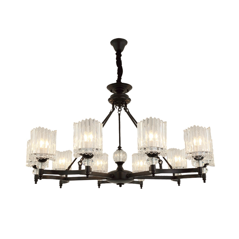 Black Cylinder Suspension Lighting Contemporary 6/8/10 Heads Crystal Rod Hanging Lamp Kit, 28"/34.5"/42.5" Wide Clearhalo 'Ceiling Lights' 'Chandeliers' 'Modern Chandeliers' 'Modern' Lighting' 280870