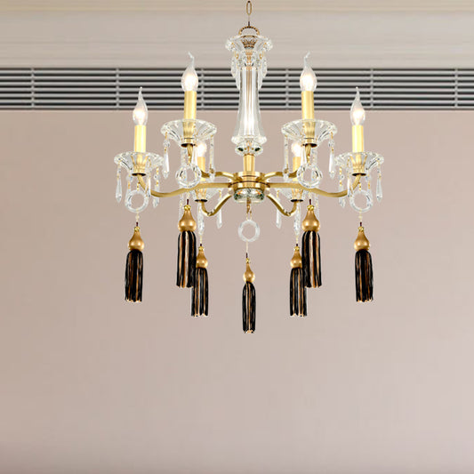 Clear Crystal Suspension Lamp Vintage 6 Heads Gold Hanging Chandelier with Tassel Decoration Gold Clearhalo 'Ceiling Lights' 'Chandeliers' 'Modern Chandeliers' 'Modern' Lighting' 280874