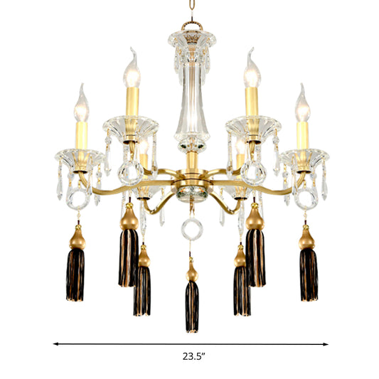 Clear Crystal Suspension Lamp Vintage 6 Heads Gold Hanging Chandelier with Tassel Decoration Clearhalo 'Ceiling Lights' 'Chandeliers' 'Modern Chandeliers' 'Modern' Lighting' 280877